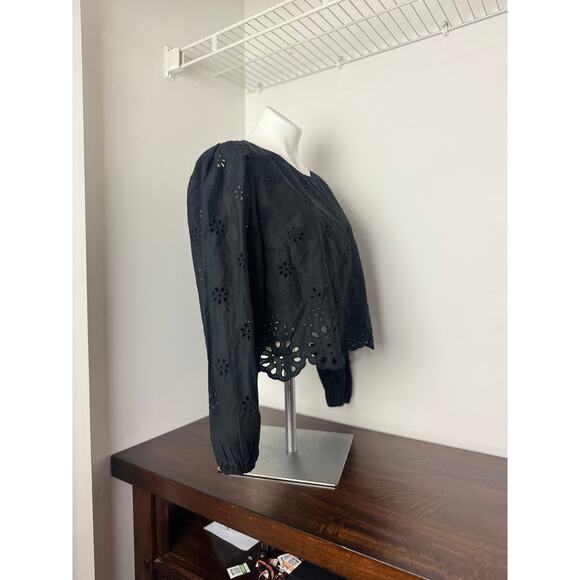 American Eagle Black Long Sleeve High Neck Crop with Floral Pattern Cutouts - Picture 3 of 6